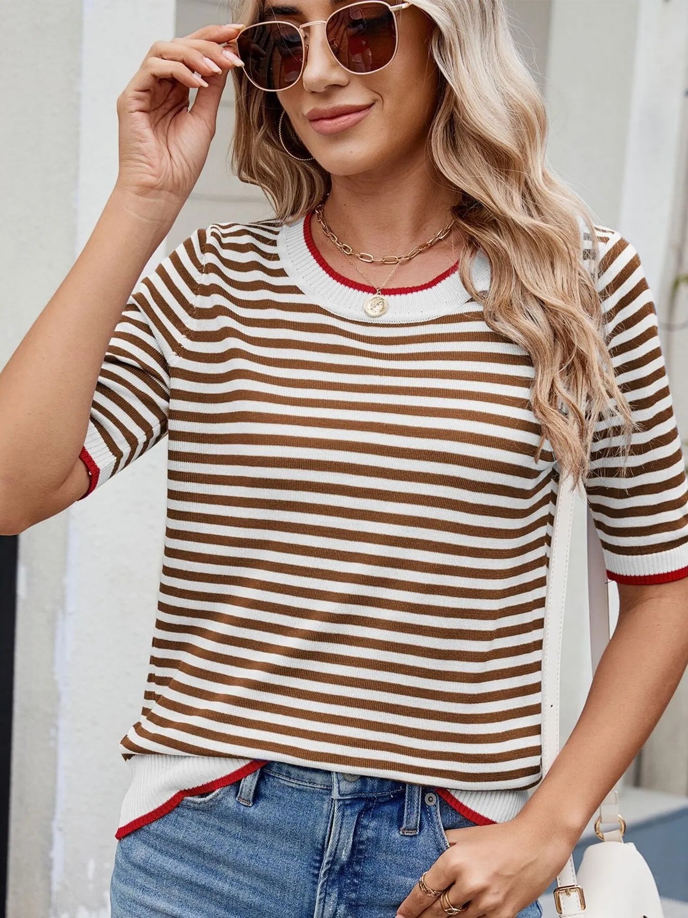 Striped Casual T-Shirt with Contrast Trim - Tops by Trendsi | Available at Handbags Specialist Headquarter