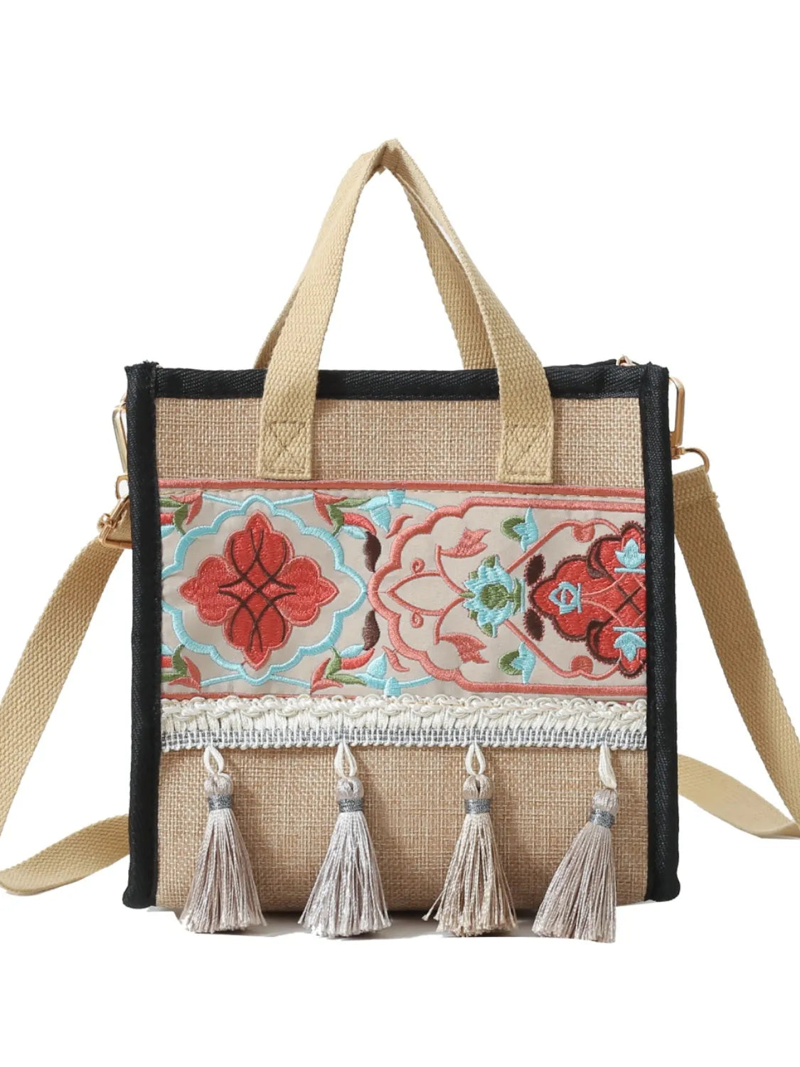 Vintage Embroidered Tassel Handbag with Canvas Strap - handbags by Trendsi | Available at Handbags Specialist Headquarter