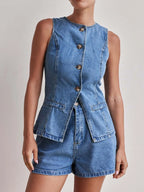 Button Down Vest and Shorts Denim Set - Women / Jeans & Denim by Trendsi | Available at Handbags Specialist Headquarter
