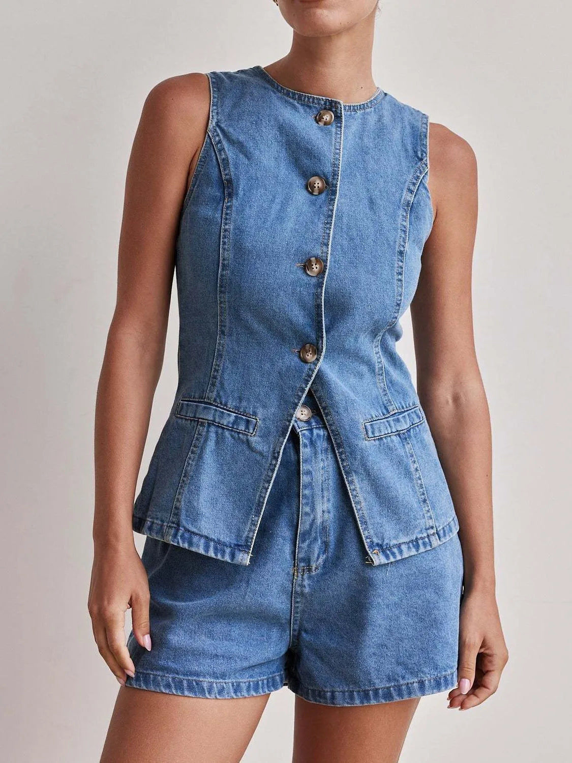 Button Down Vest and Shorts Denim Set - Women / Jeans & Denim by Trendsi | Available at Handbags Specialist Headquarter