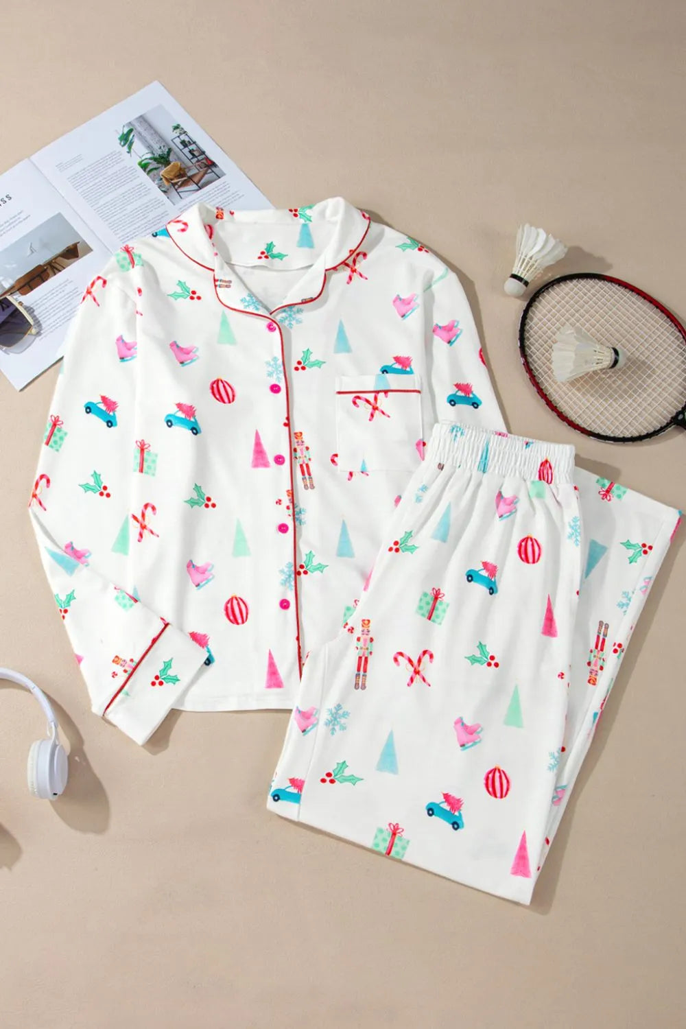 Christmas Printed Collared Neck Top and Pants Lounge Set - Sleepwear by Trendsi | Available at Handbags Specialist Headquarter