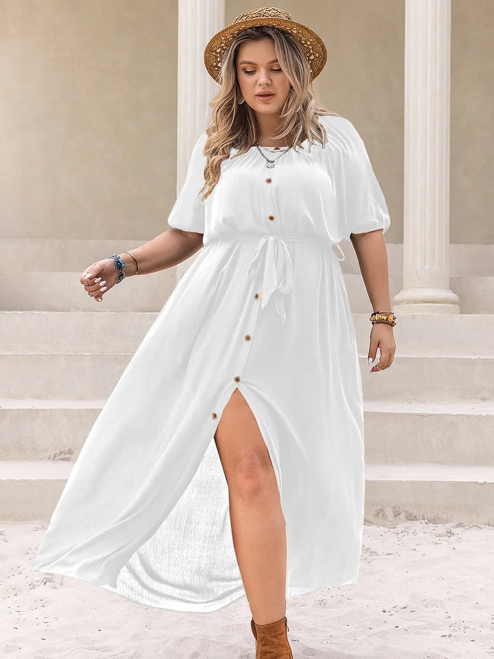 Plus Size Round Neck Half Sleeve Dress - Dresses by Trendsi | Available at Handbags Specialist Headquarter