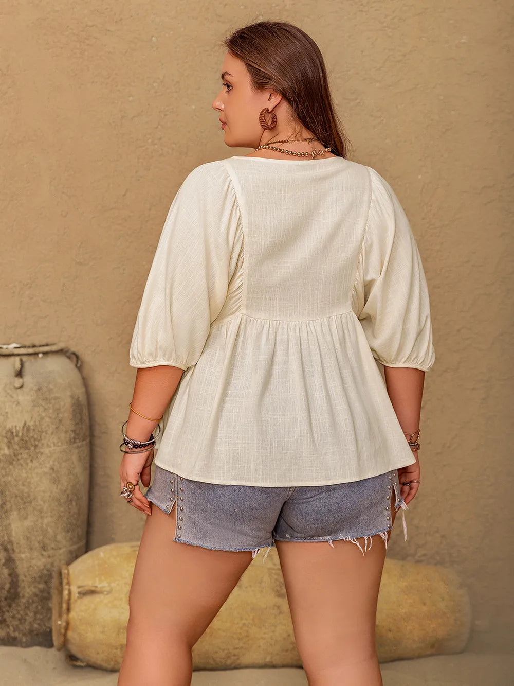 Plus Size Peplum V-Neck Half Sleeve Blouse - Plus Size Shirts by Trendsi | Available at Handbags Specialist Headquarter