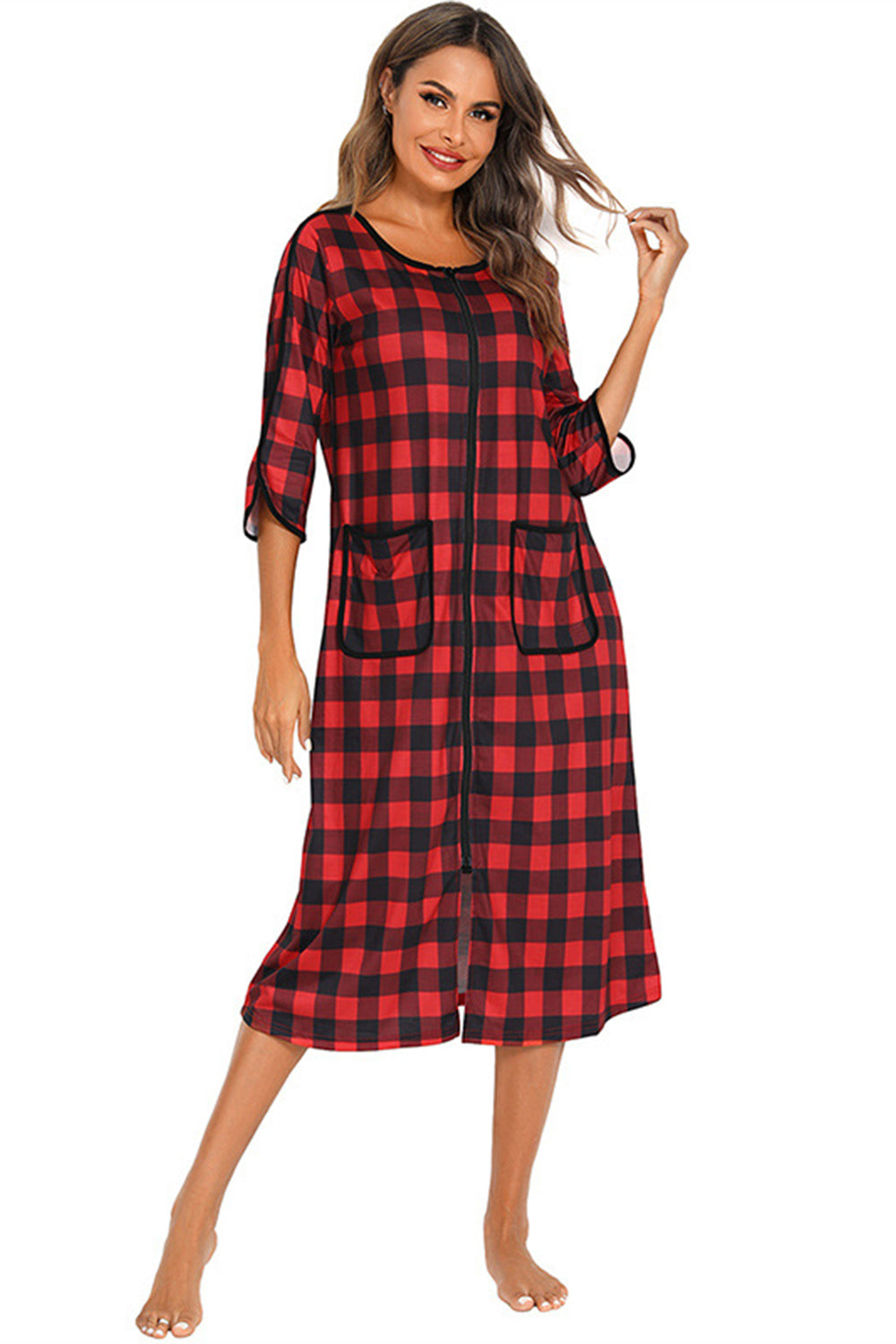 Round Neck Three-Quarter Sleeve Midi Night Dress - Sleepwear by Trendsi | Available at Handbags Specialist Headquarter