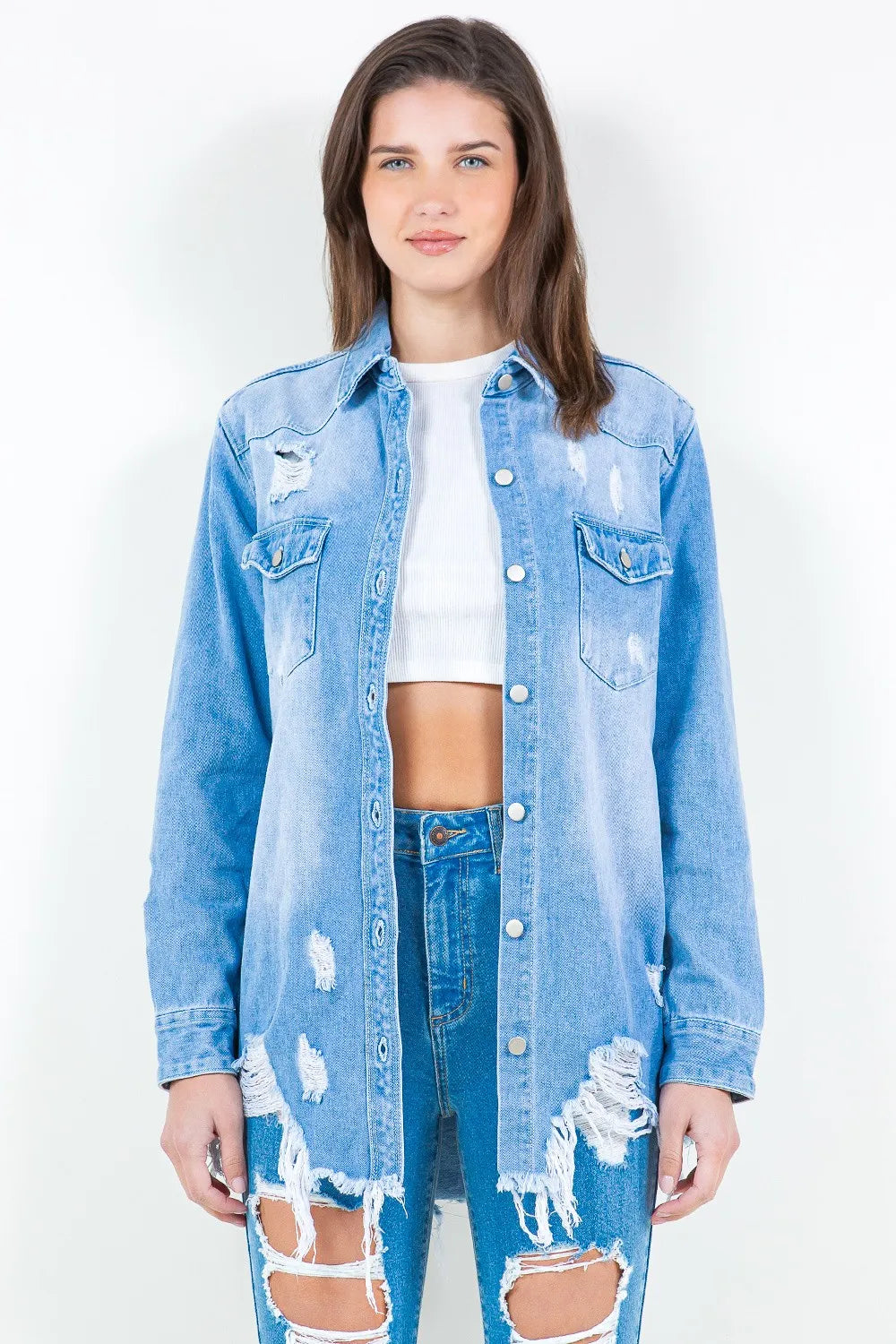 American Bazi Frayed Hem Distressed Denim Shirt Jacket - Women / Jeans & Denim by Trendsi | Available at Handbags Specialist Headquarter