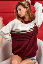 BiBi Color Block Sweater With Stripe Yoke - Tops by Trendsi | Available at Handbags Specialist Headquarter