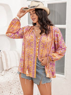 Plus Size Tie Neck Tassel Printed Blouse - Plus Size Shirts by Trendsi | Available at Handbags Specialist Headquarter