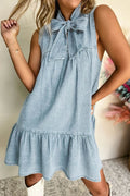 Tie Neck Sleeveless Denim Dress - Women / Jeans & Denim by Trendsi | Available at Handbags Specialist Headquarter