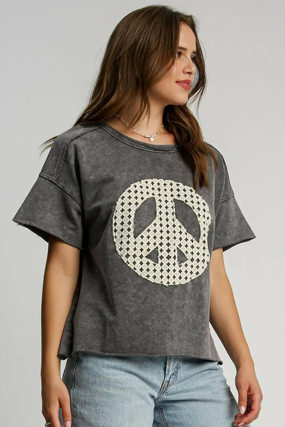 Umgee Full Size Mineral Wash T-Shirt with Lace Applique Plus Size - Dresses by Trendsi | Available at Handbags Specialist Headquarter