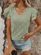 Eyelet V-Neck Ruffled Cap Sleeve Top - Tops by Trendsi | Available at Handbags Specialist Headquarter