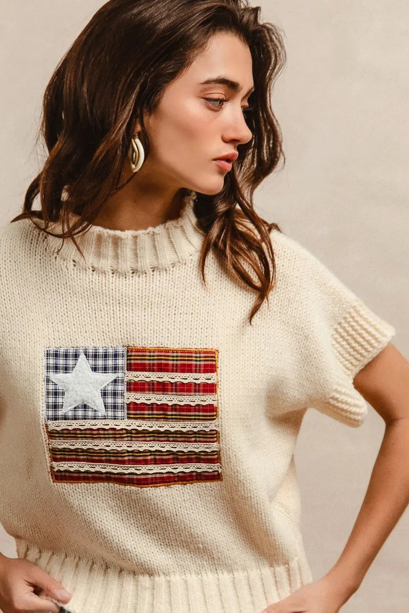 BiBi American Flag Patchwork Drop Shoulder Sweater - Tops by Trendsi | Available at Handbags Specialist Headquarter