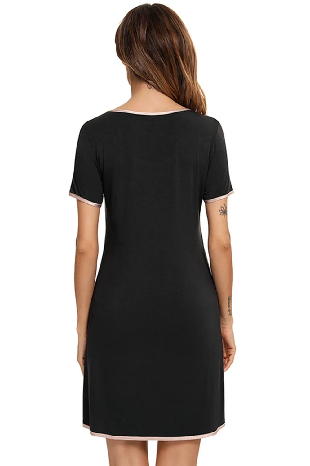 Contrast Trim Pocketed Round Neck Lounge Dress - Sleepwear by Trendsi | Available at Handbags Specialist Headquarter