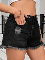 Distressed Raw Hem Denim Shorts - Women / Jeans & Denim by Trendsi | Available at Handbags Specialist Headquarter