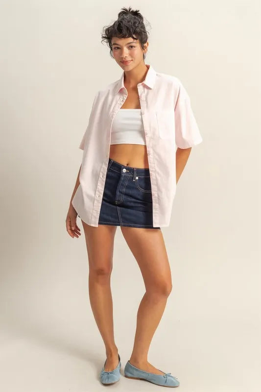 HYFVE Short Sleeve Button Down Oversized Shirt - Women's Down Shirt Tops by Trendsi | Available at Handbags Specialist Headquarter