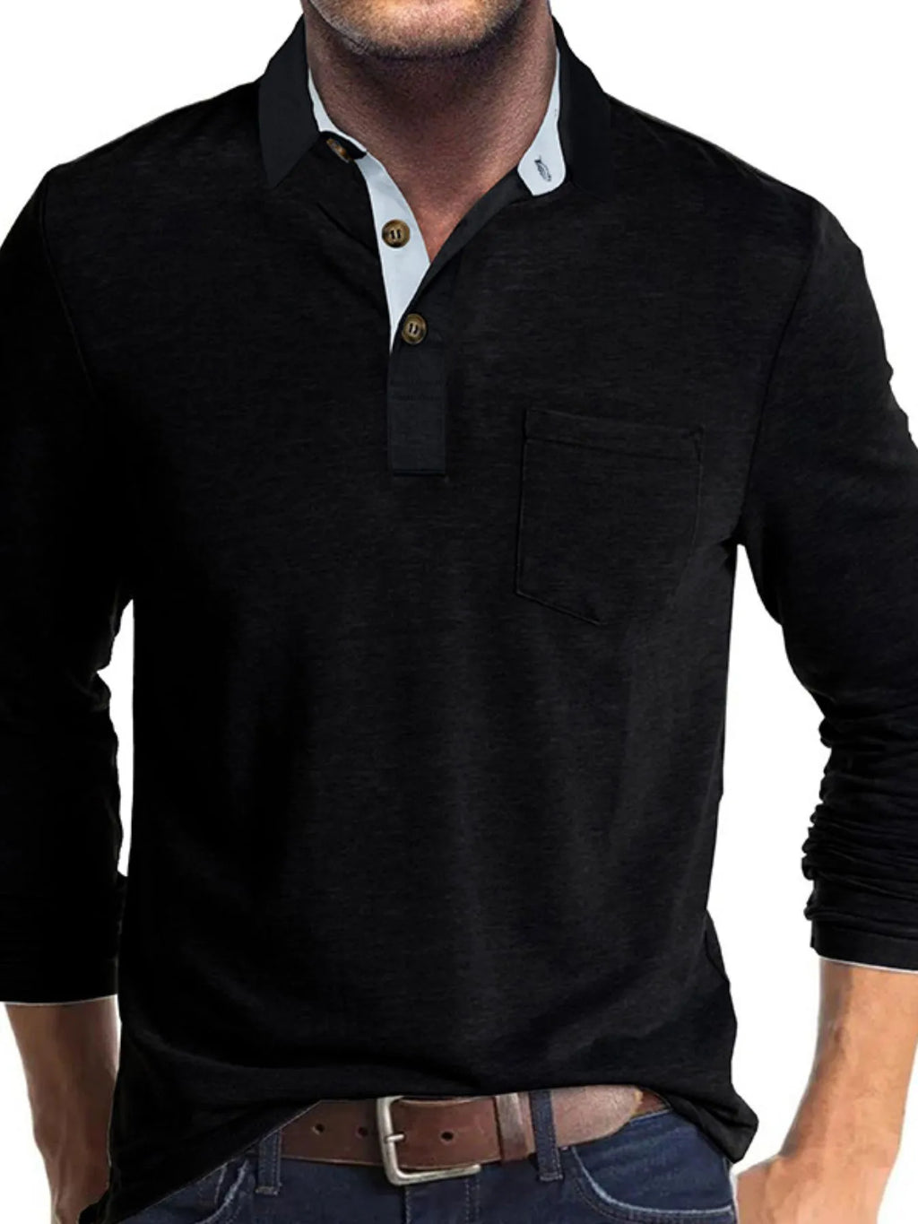 Men's Full Size Long Sleeve Pocket Polo Shirt Plus Size - Men's Polo shirt by Trendsi | Available at Handbags Specialist Headquarter