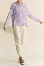 Davi & Dani Ruched All Over Button Front Shirt - Women / Jeans & Denim by Trendsi | Available at Handbags Specialist Headquarter