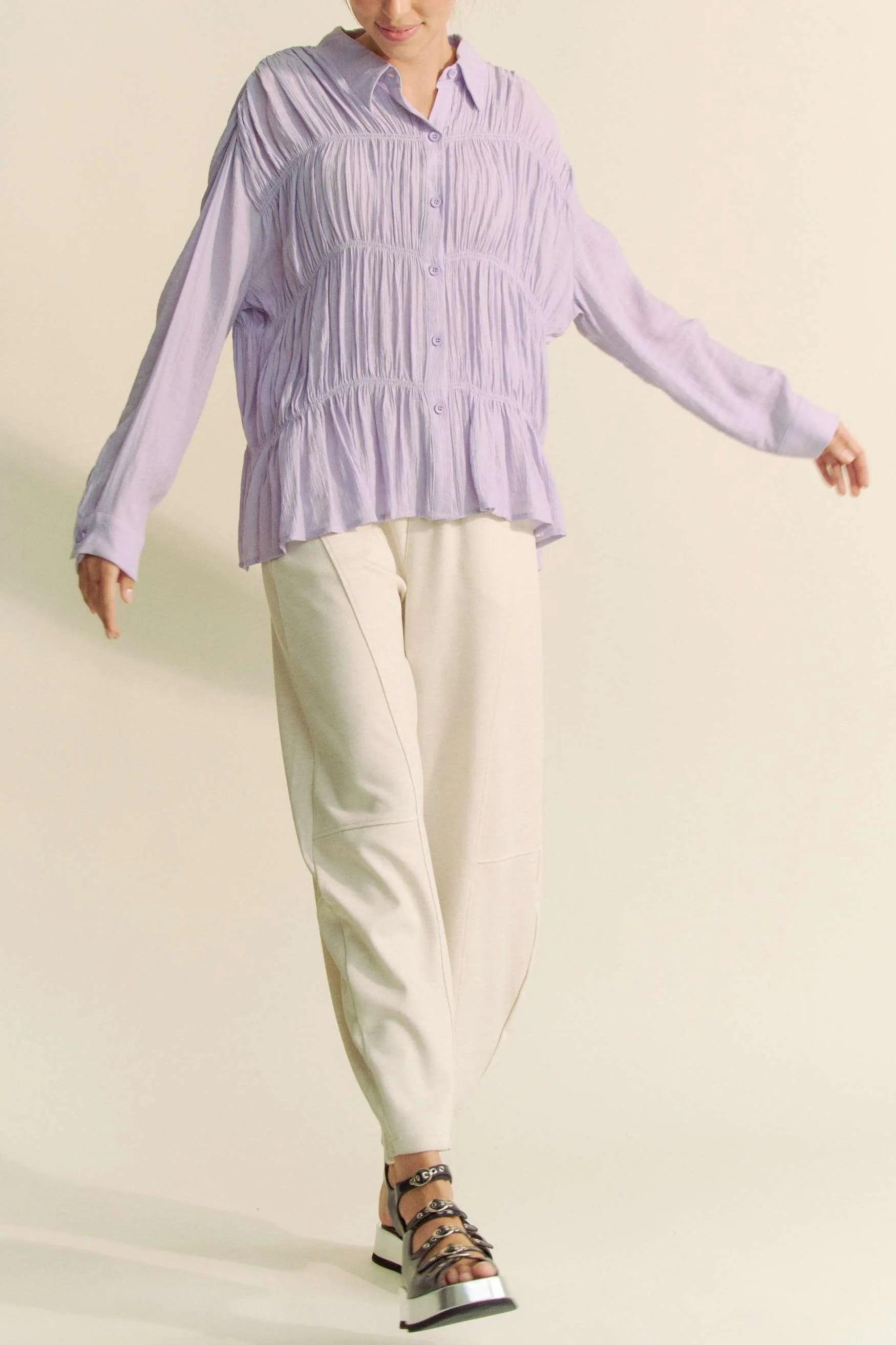 Davi & Dani Ruched All Over Button Front Shirt - Women / Jeans & Denim by Trendsi | Available at Handbags Specialist Headquarter