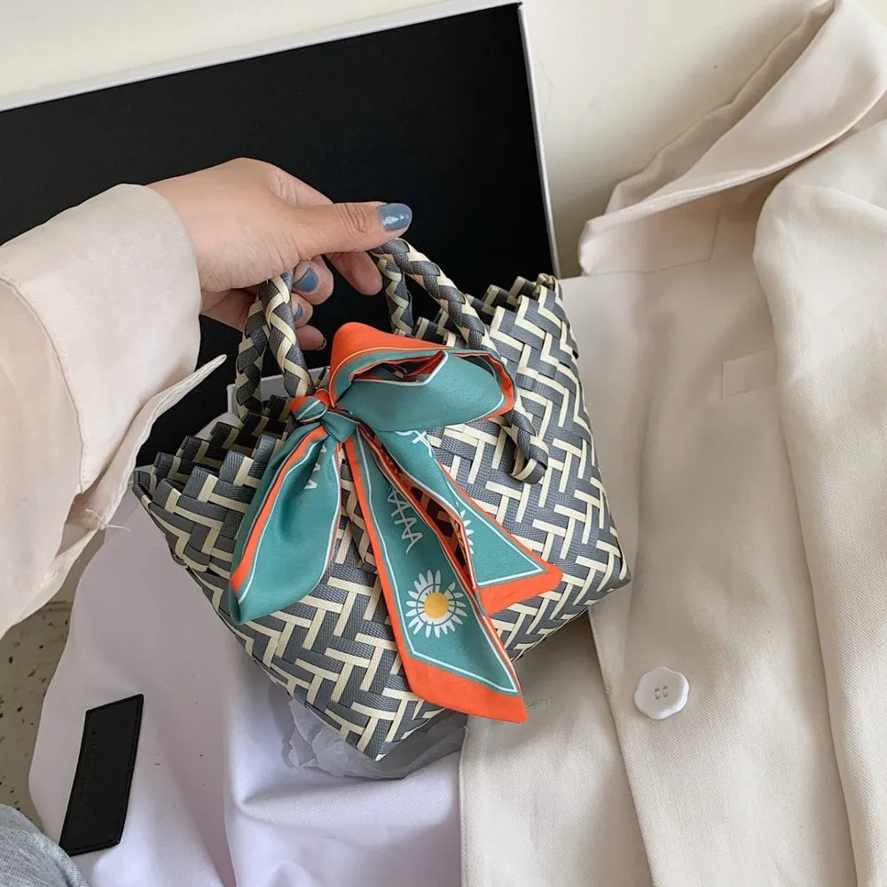 Contrast Woven Handbag with Ribbon - Tote Bag by Trendsi | Available at Handbags Specialist Headquarter