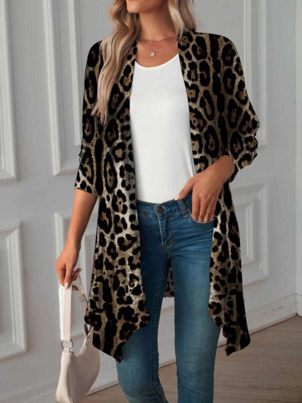 Leopard Print Long Open Front Cardigan - Tops by Trendsi | Available at Handbags Specialist Headquarter