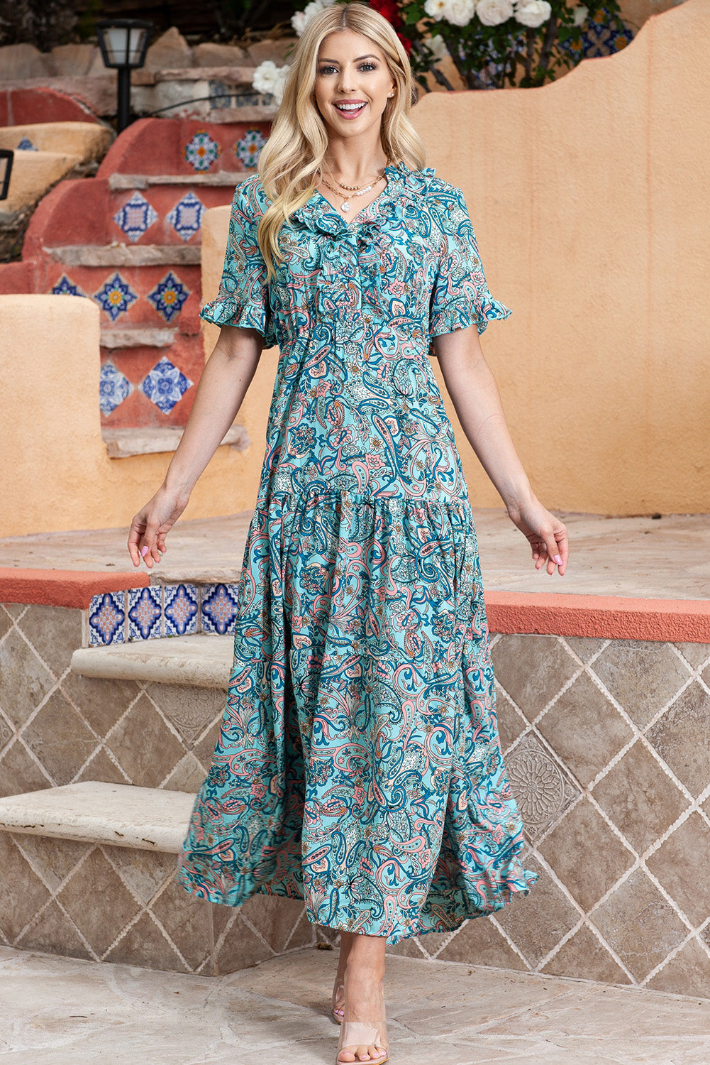 Paisley Print Flounce Sleeve Maxi Dress - Maxi Dress by Trendsi | Available at Handbags Specialist Headquarter