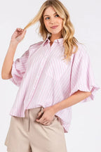 Mittoshop Button Down Striped Puff Sleeve Shirt - Women's Down Shirt Tops by Trendsi | Available at Handbags Specialist Headquarter