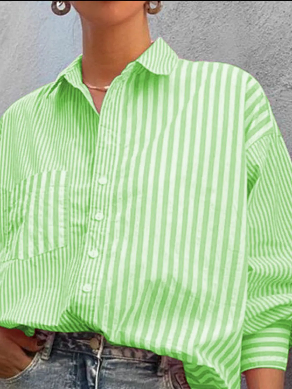 Striped Button Down Long Sleeve Shirt - Women's Down Shirt Tops by Trendsi | Available at Handbags Specialist Headquarter