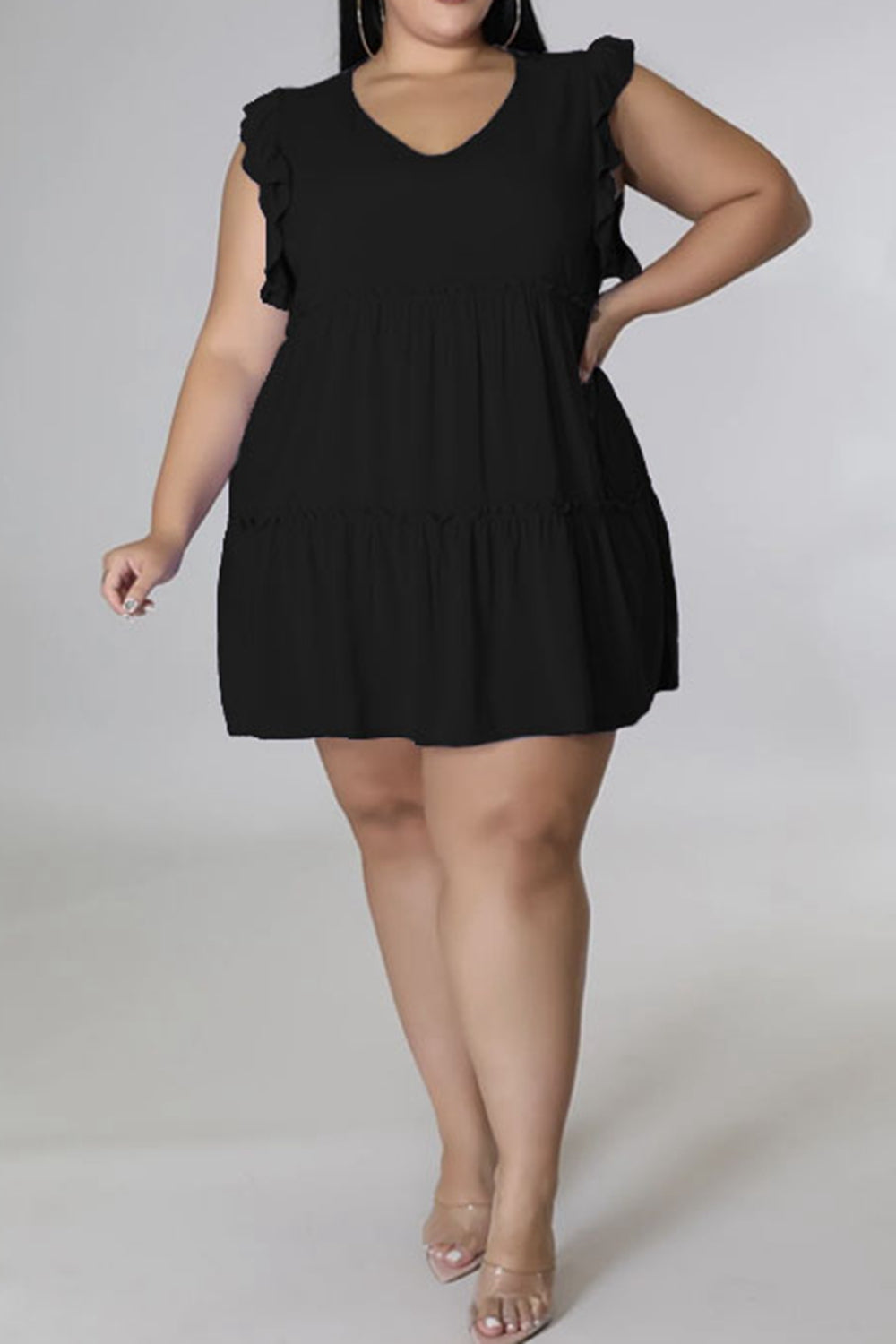 Plus Size V-Neck Frill Trim Mini Dress - Dresses by Trendsi | Available at Handbags Specialist Headquarter