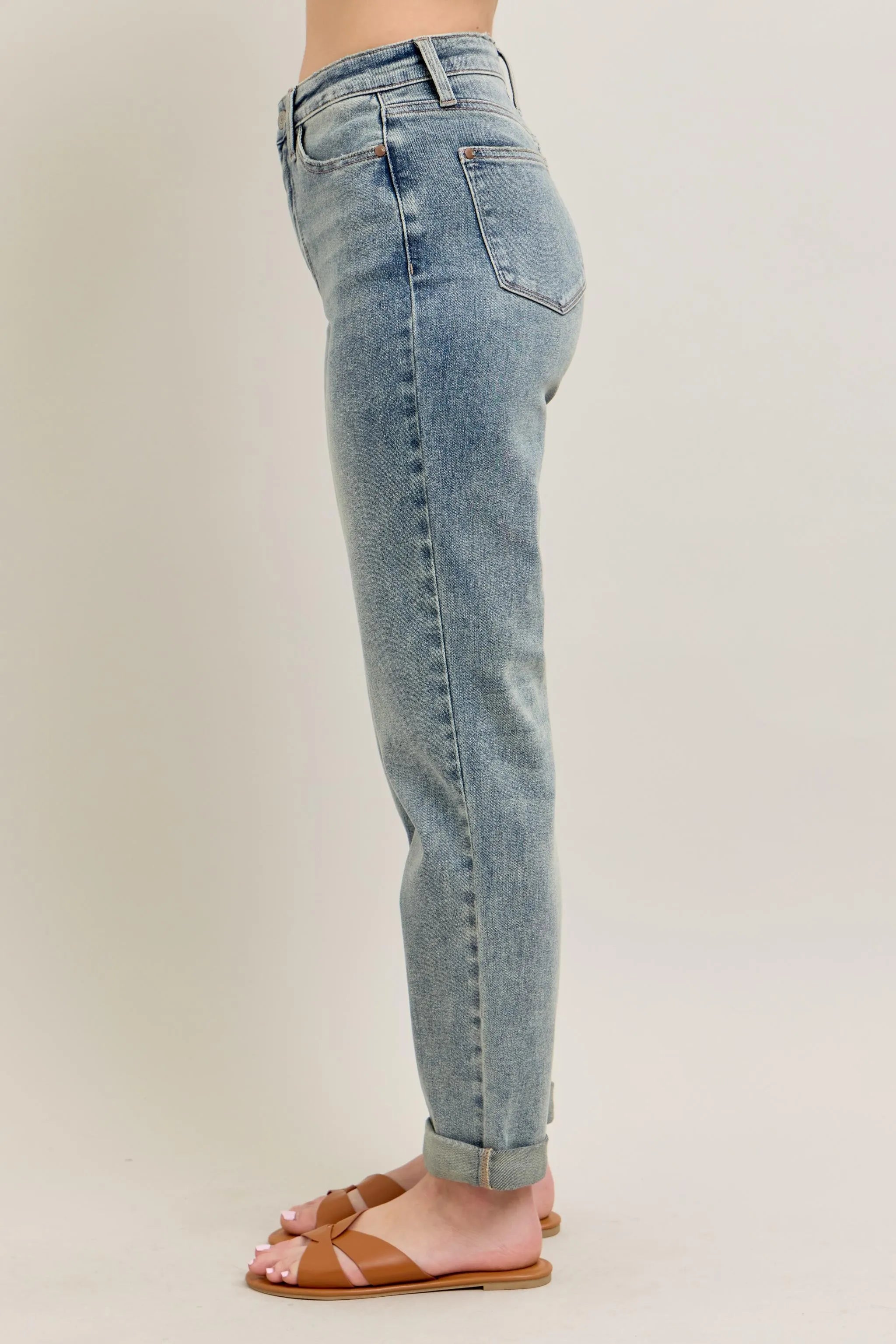 Judy Blue Full Size Hw Vintage Wash Double Roll Cuff Bf Jeans Plus Size - Women / Jeans & Denim by Trendsi | Available at Handbags Specialist Headquarter