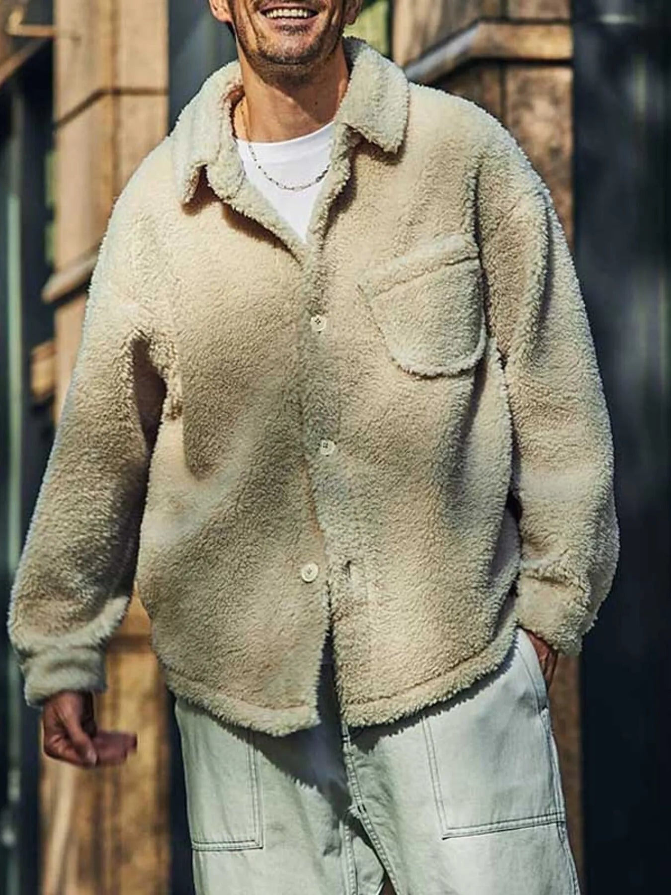 Men's Full Size Button Up Drop Shoulder Sherpa Jacket Plus Size - Men's jackets by Trendsi | Available at Handbags Specialist Headquarter