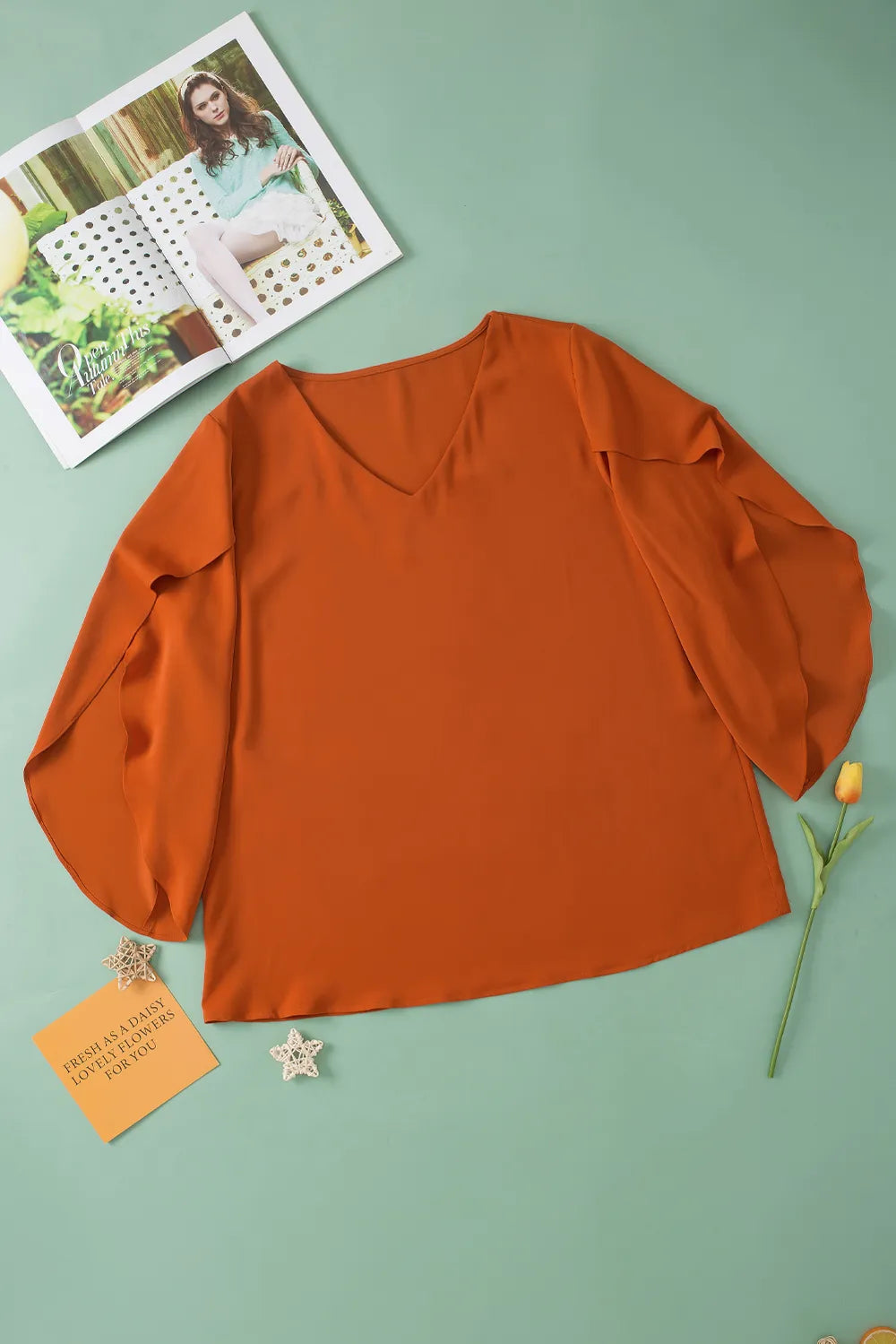 Plus Size V-Neck Petal Sleeve Blouse - Plus Size Shirts by Trendsi | Available at Handbags Specialist Headquarter