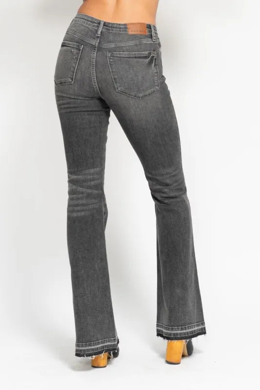 Judy Blue Full Size Mid Rise Tummy Control Washed Gray Release Hem Flare Jeans Plus Size - Women / Jeans & Denim by Trendsi | Available at Handbags Specialist Headquarter