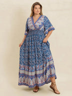 Plus Size Printed Surplice Half Sleeve Dress - Dresses by Trendsi | Available at Handbags Specialist Headquarter
