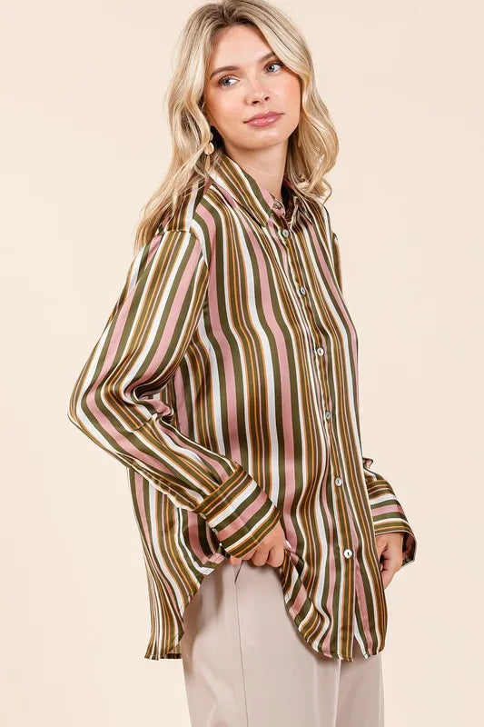 Mittoshop Striped Button Down Satin Shirt - Women's Down Shirt Tops by Trendsi | Available at Handbags Specialist Headquarter