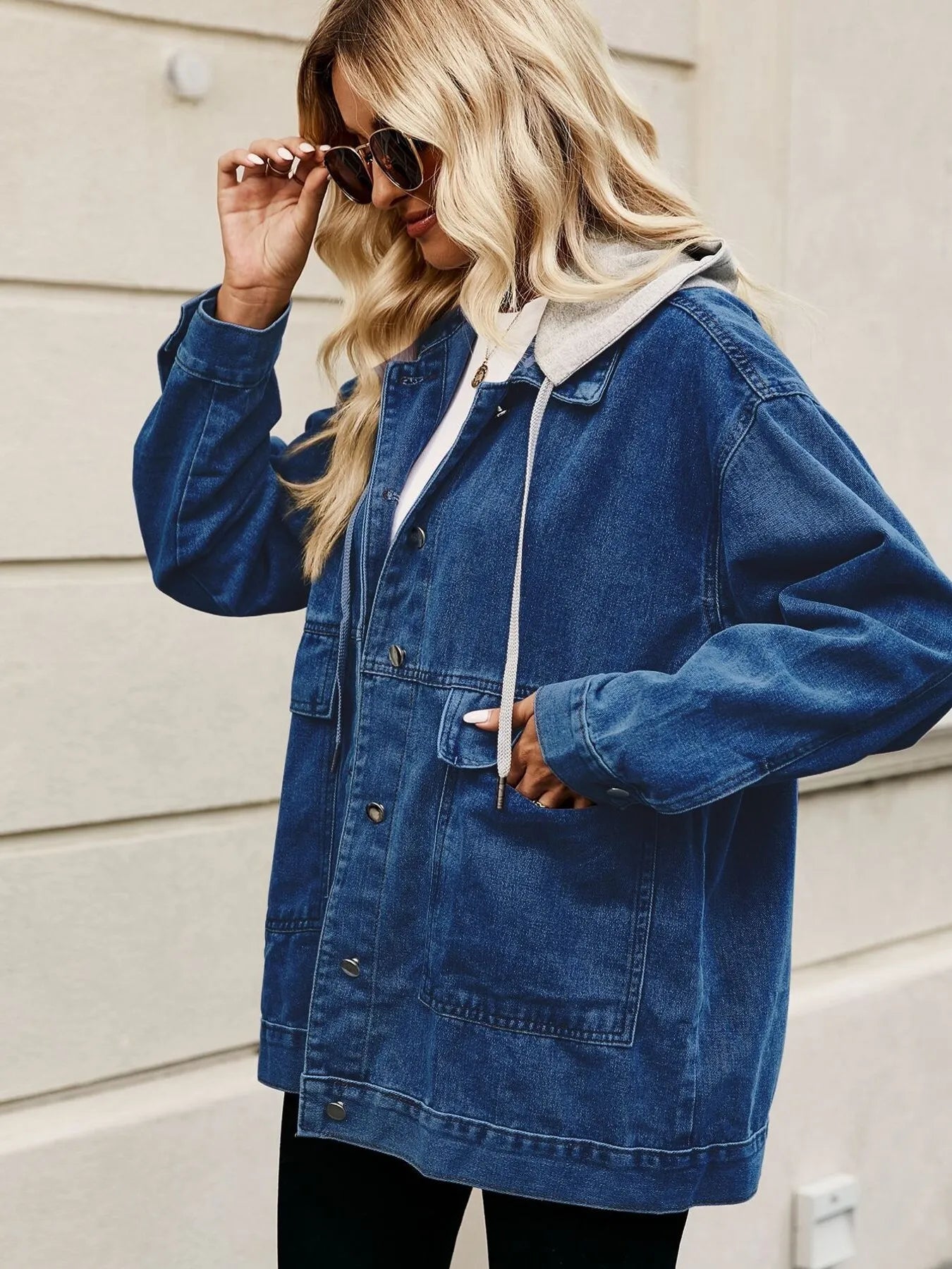 Oversized Button Up Denim Jacket with Hood - Tops by Trendsi | Available at Handbags Specialist Headquarter