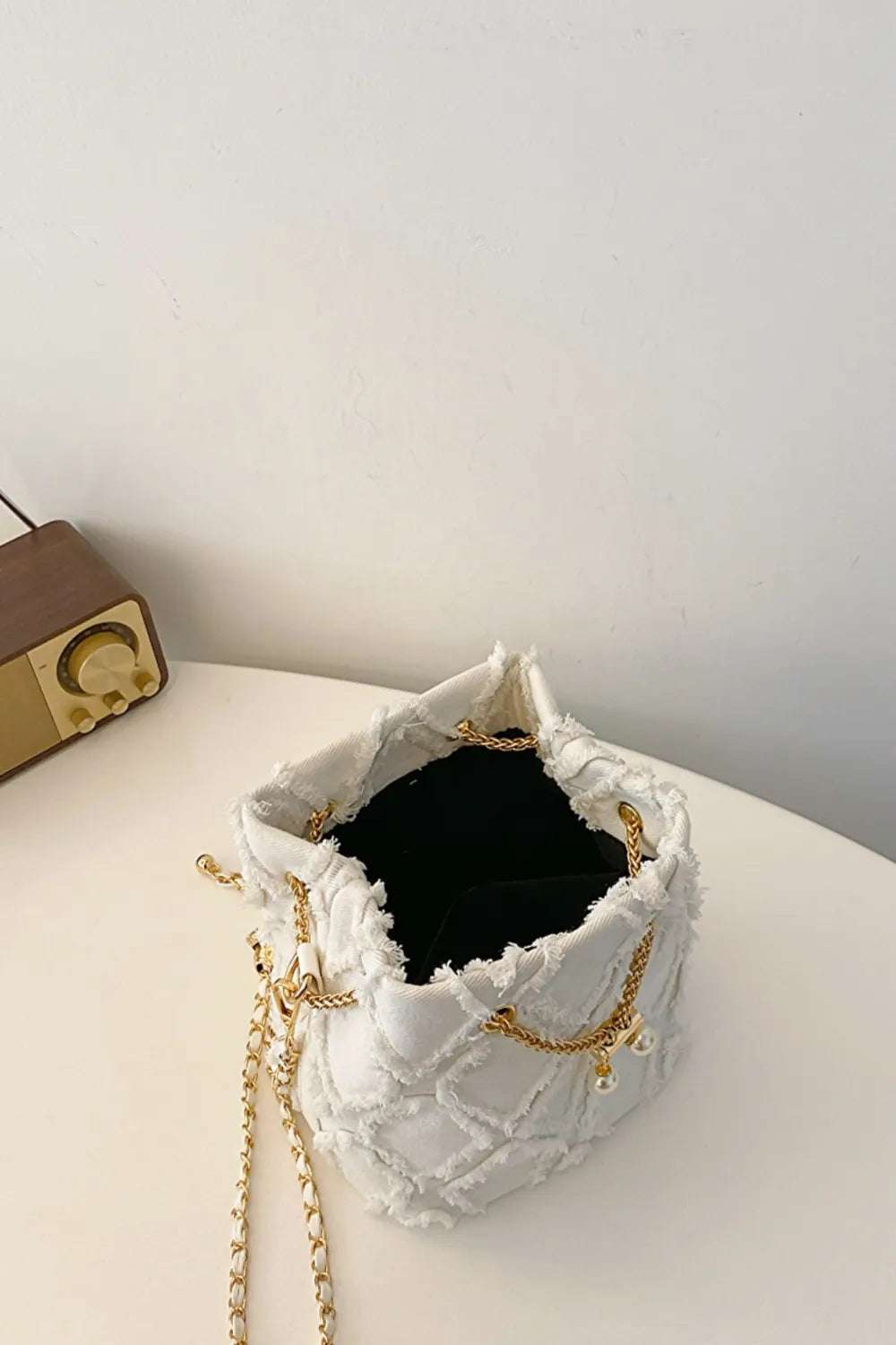 Chain Drawstring Raw Edge Denim Bucket Bag - Crossbody Bag by Trendsi | Available at Handbags Specialist Headquarter