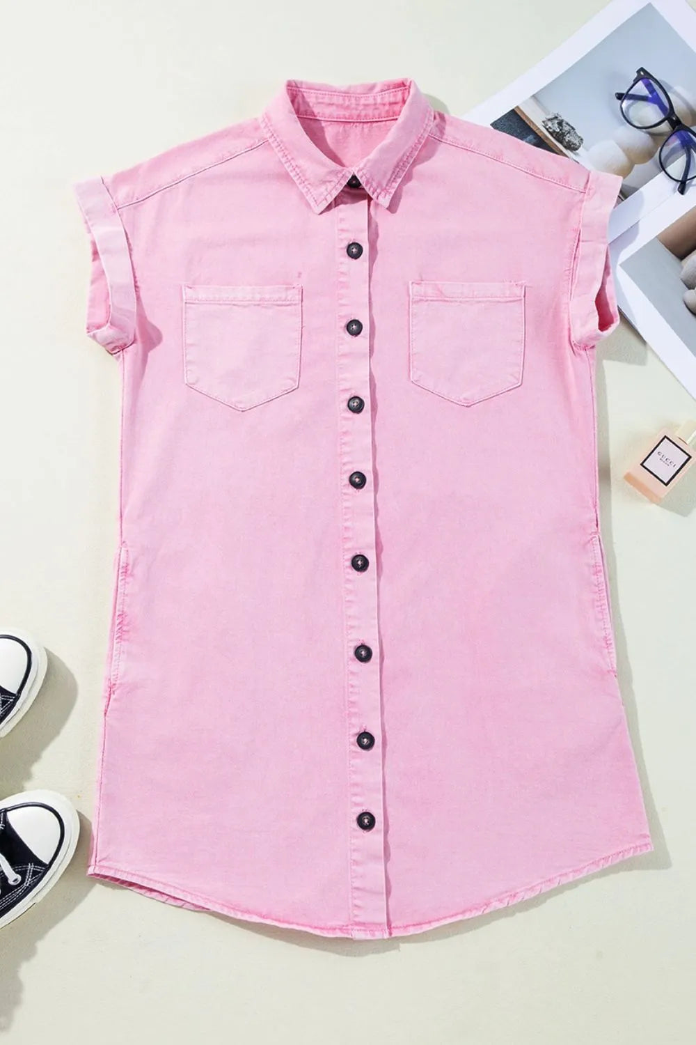 Button Down Short Sleeve Denim Dress - Women / Jeans & Denim by Trendsi | Available at Handbags Specialist Headquarter