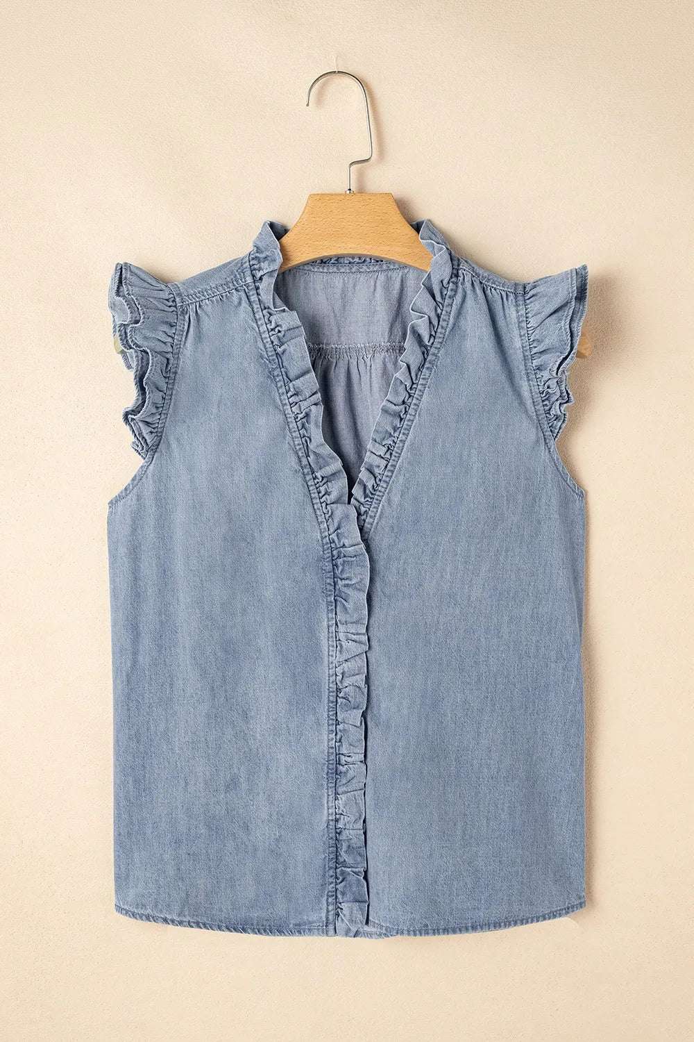 Frilly Ruffle Trim V Neck Chambray Tank - Women / Jeans & Denim by Trendsi | Available at Handbags Specialist Headquarter