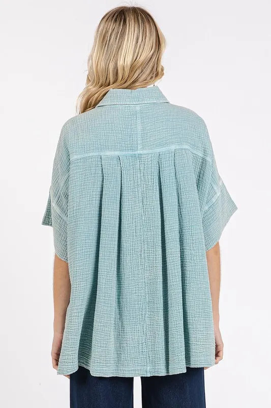 Mittoshop Mineral Wash Gauze Oversized Short Sleeve Shirt - Women / Jeans & Denim by Trendsi | Available at Handbags Specialist Headquarter