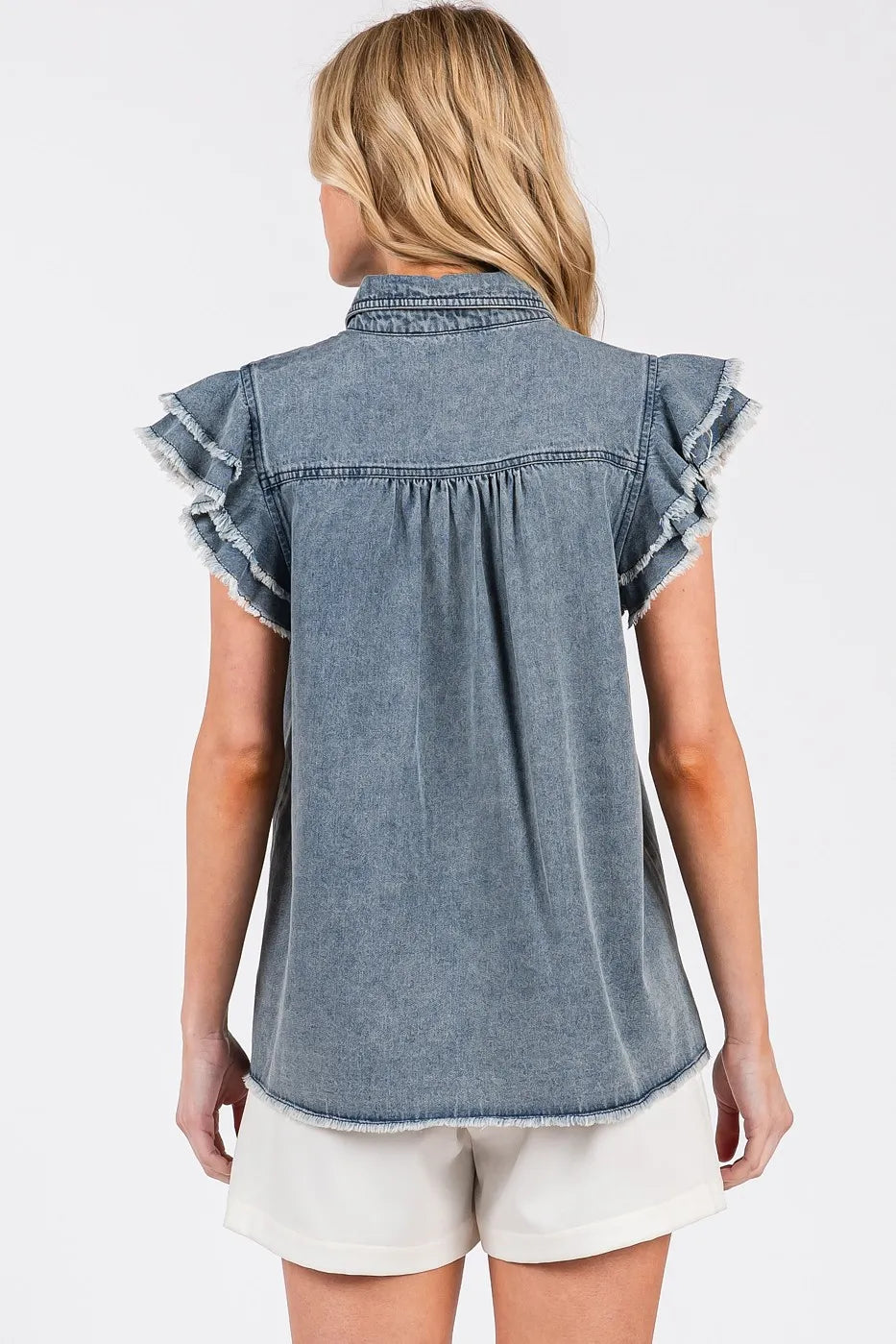 Mittoshop Washed Denim Ruffle Short Sleeve Collared Shirt - Women / Jeans & Denim by Trendsi | Available at Handbags Specialist Headquarter