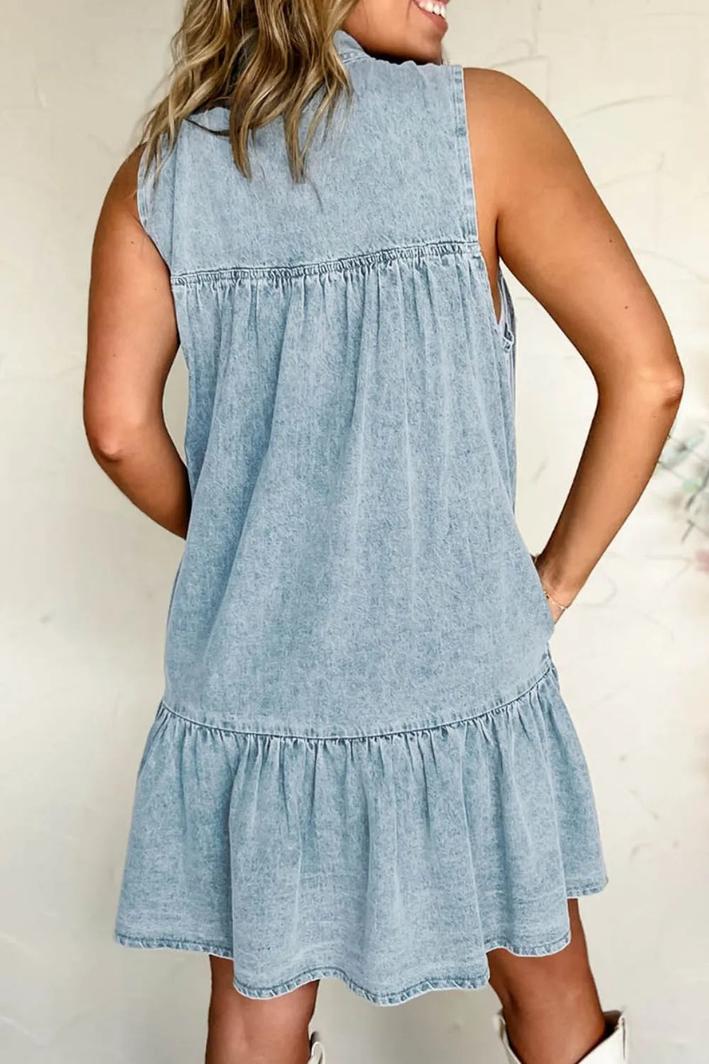 Tie Neck Sleeveless Denim Dress - Women / Jeans & Denim by Trendsi | Available at Handbags Specialist Headquarter