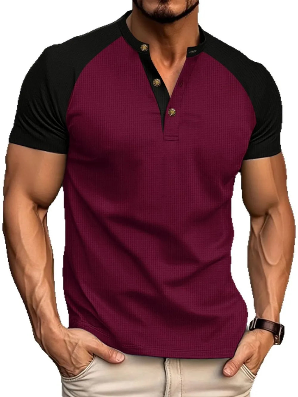 Men's Full Size Waffle-Knit Round Neck Contrast Polo Plus Size - Men's Polo shirt by Trendsi | Available at Handbags Specialist Headquarter