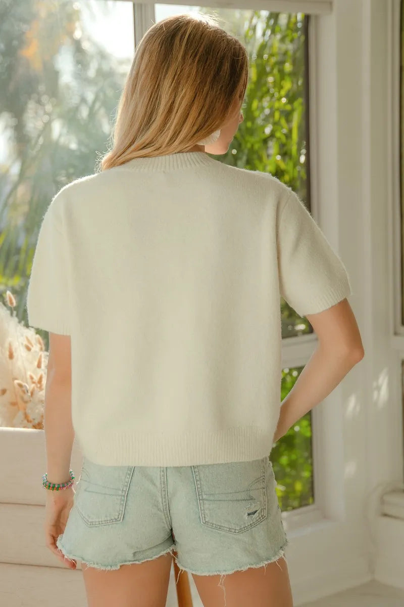 BiBi Teddy Bear With Bow Patched Sweater Button Down Top - Tops by Trendsi | Available at Handbags Specialist Headquarter