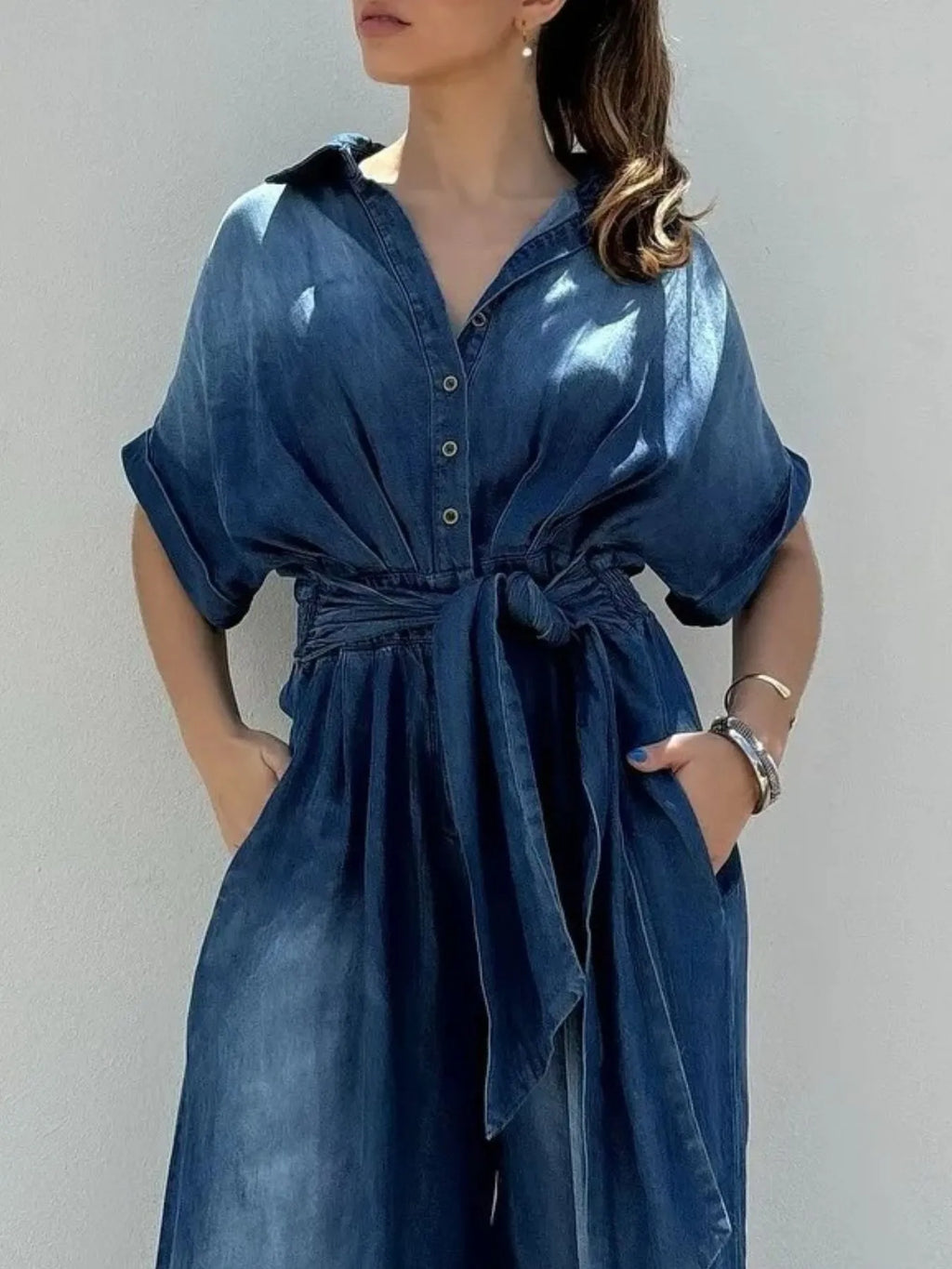 Button Front Wide Leg Denim Jumpsuit - Women / Jeans & Denim by Trendsi | Available at Handbags Specialist Headquarter