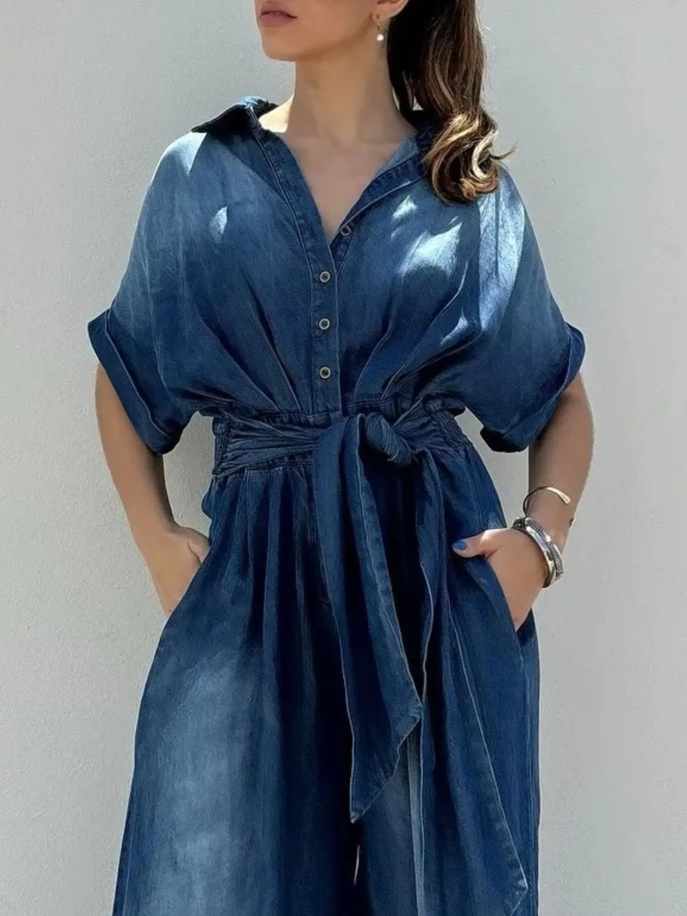 Button Front Wide Leg Denim Jumpsuit - Women / Jeans & Denim by Trendsi | Available at Handbags Specialist Headquarter