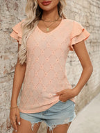 Eyelet V-Neck Ruffled Cap Sleeve Top - Tops by Trendsi | Available at Handbags Specialist Headquarter