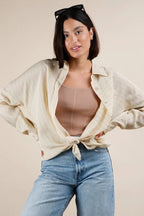 VERY J Full Size Oversized Striped Button Down Shirt Top Plus Size - Women's Down Shirt Tops by Trendsi | Available at Handbags Specialist Headquarter