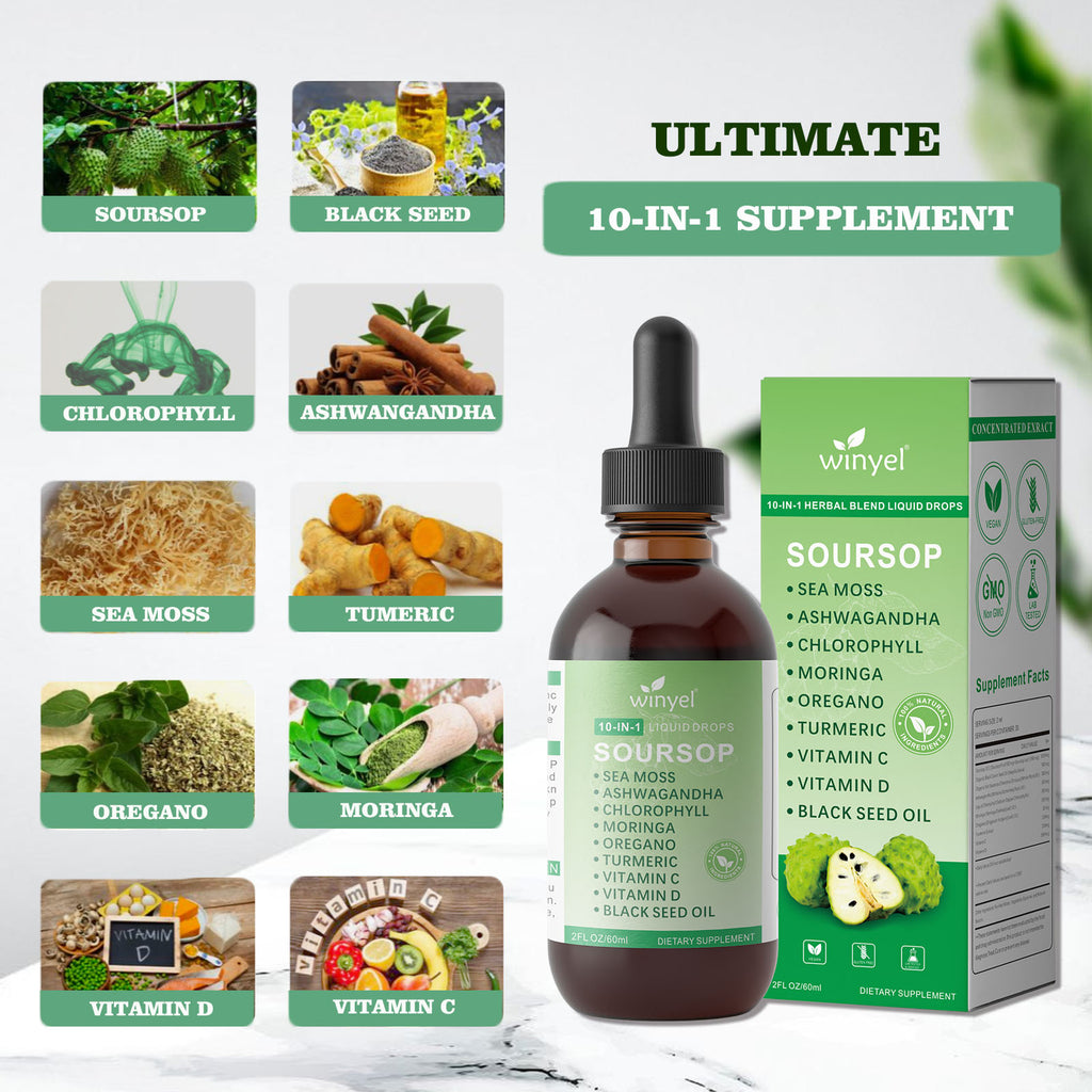 Green and white supplement packaging with a dropper bottle, featuring soursop and various herbs.