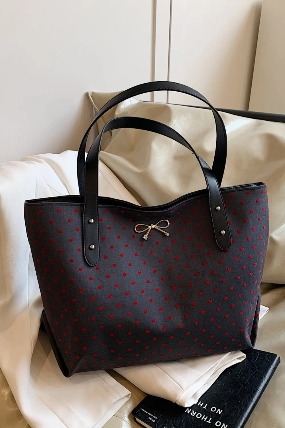 Polyester Bow Polka Dot Tote Bag - Tote Bag by Trendsi | Available at Handbags Specialist Headquarter