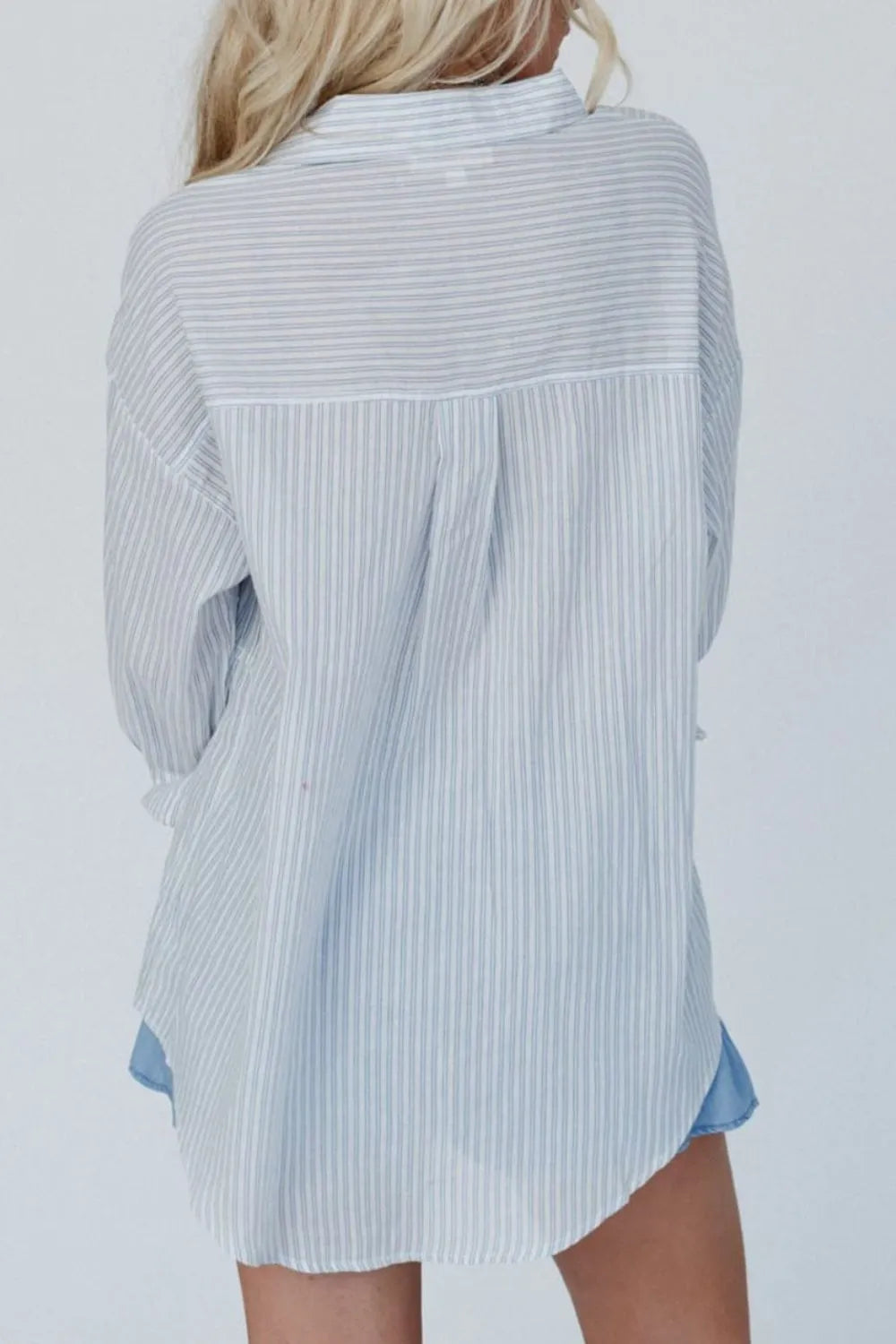Frill Striped Collared Neck Long Sleeve Shirt - Tops by Trendsi | Available at Handbags Specialist Headquarter