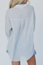Frill Striped Collared Neck Long Sleeve Shirt - Tops by Trendsi | Available at Handbags Specialist Headquarter